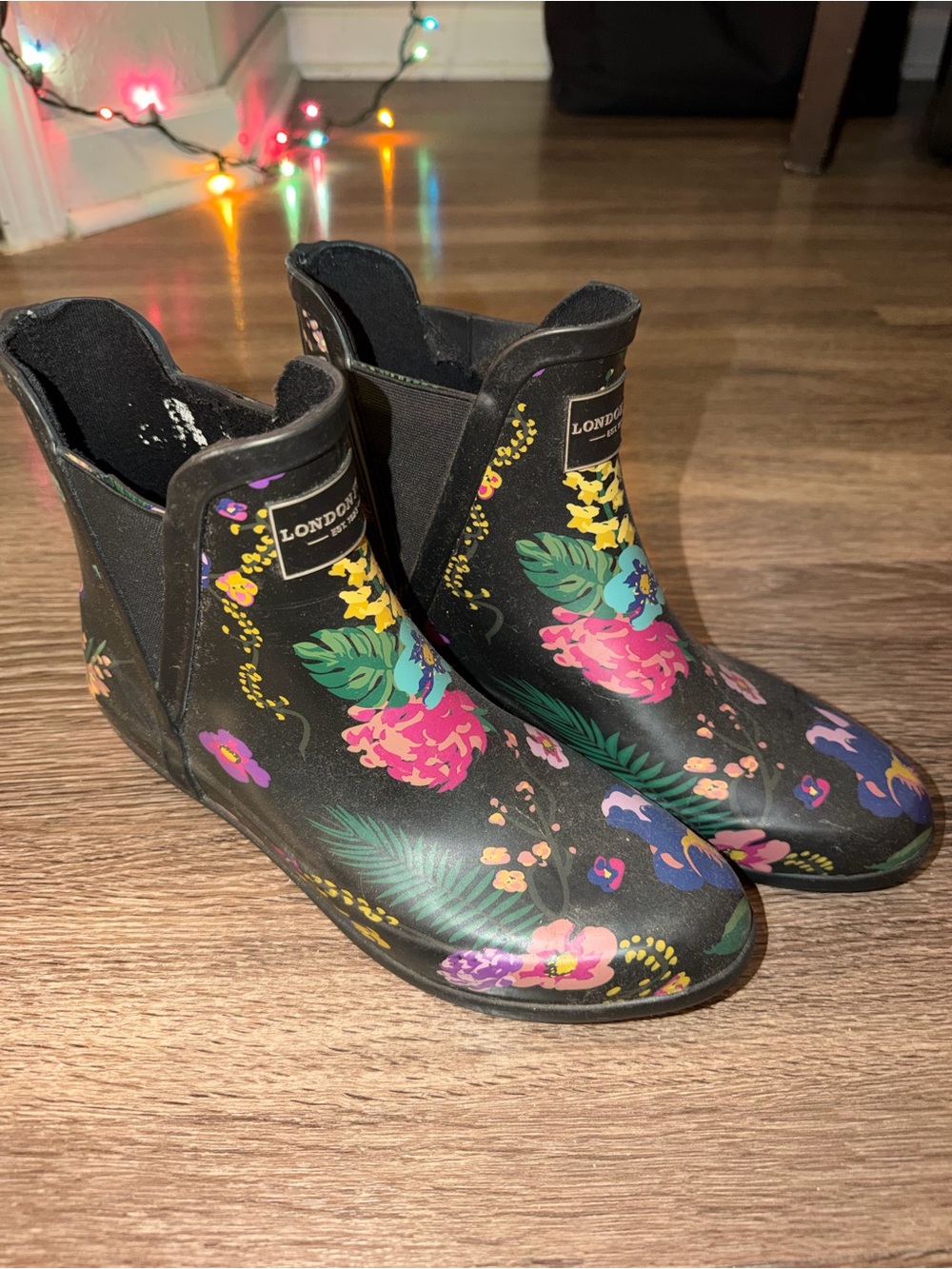 London Fog Black Floral Waterproof Chelsea Rain Ankle Boots